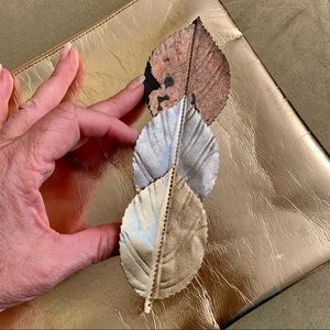 Vintage 3D Copper, Silver, Gold Attached Leaves Gold Zipper Clutch